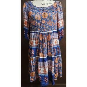 WORLD MARKET Boho Dress Size S/M Crochet Lace Blue off shoulder peasant Hippie